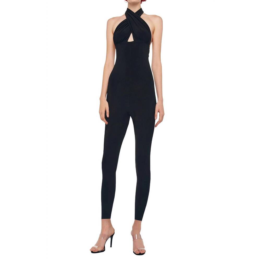 NEW NORMA KAMALI cross halter catsuit in black